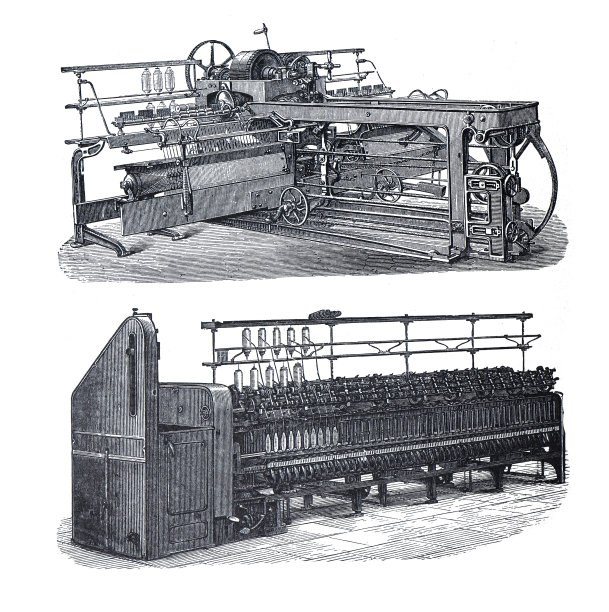 仿古纺纱厂。纺织衣服，羊毛或棉花。手绘雕刻古董插图。有机和素食服装。有机和纯素棉。可持续服装行业。图片下载