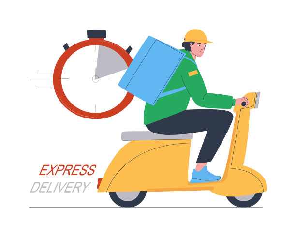 咖啡馆和餐馆的食品杂货和即食食品的快递。踏板车上的信使迅速地递送订单。快速交货。平面向量插图。图片下载