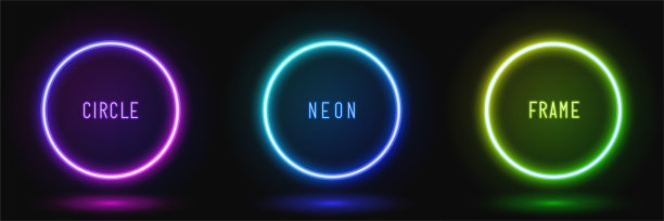 收集发光的霓虹灯照明框架在黑暗的背景与复制空间。渐变颜色照亮框架设计。图片下载