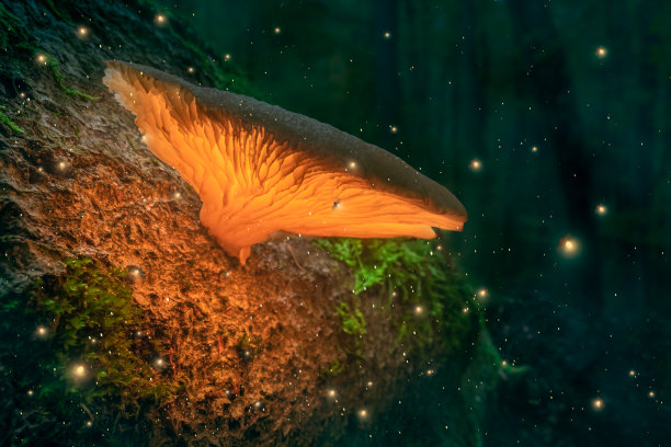 黄昏后，发光的萤火虫和发光的蘑菇在树干上。图片下载