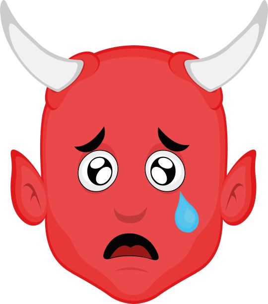 一个卡通魔鬼的脸与悲伤的表情和眼泪从他的眼睛之一落下的矢量插图图片下载