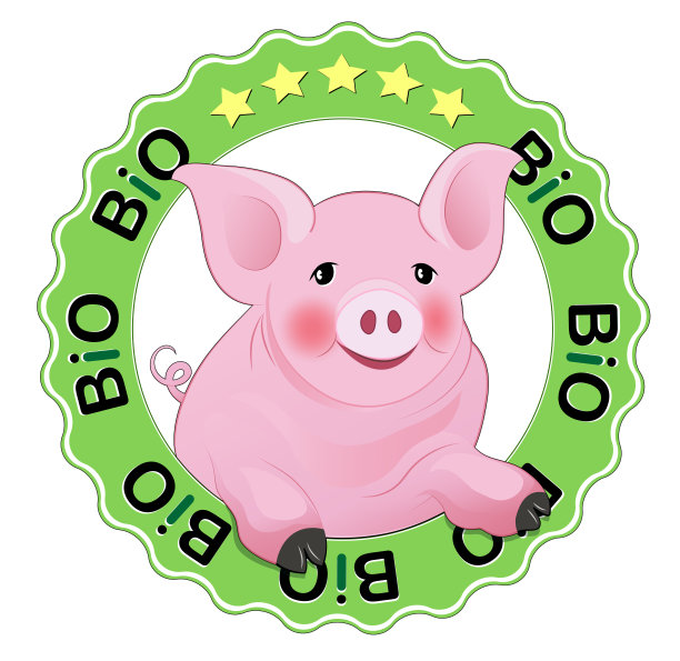 快乐粉红猪，BIO品质五星密封，
矢量插图孤立在白色背景上图片下载