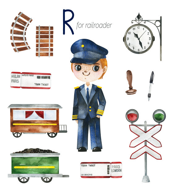 水彩字母专业套装。学习Railroader的R字母图片下载