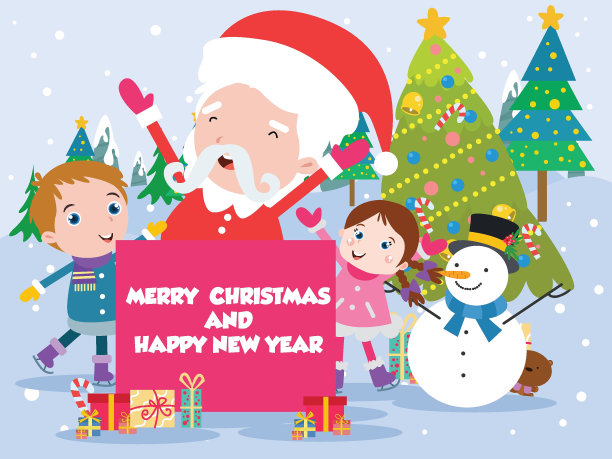 快乐的圣诞老人和孩子们在公园里堆雪人图片下载