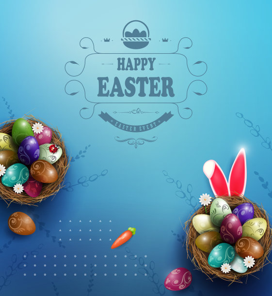 蓝色明信片，复活节彩蛋和雏菊在巢里，兔子耳朵图片下载