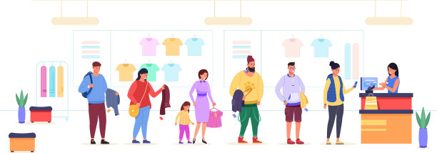 买衣服的人在柜台前排队图片下载
