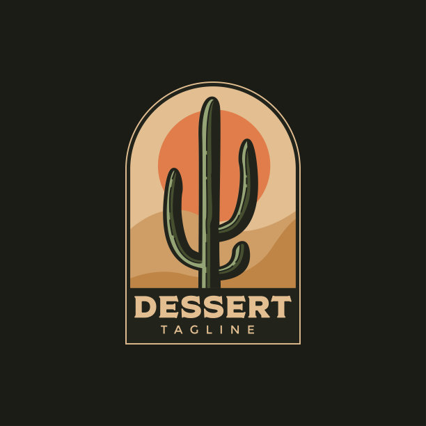仙人掌在沙漠标志徽章徽章贴纸设计在黑暗的背景图片下载