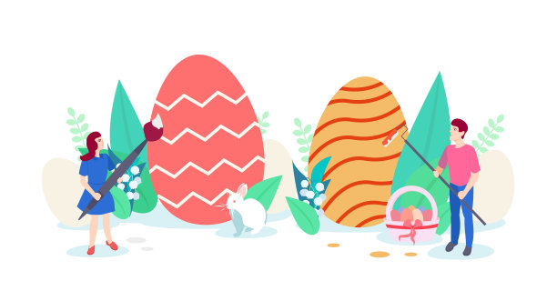 复活节快乐。节日插图在平面卡通风格可用于贺卡，海报，横幅。孩子们用画笔在复活节彩蛋上画画。图片下载