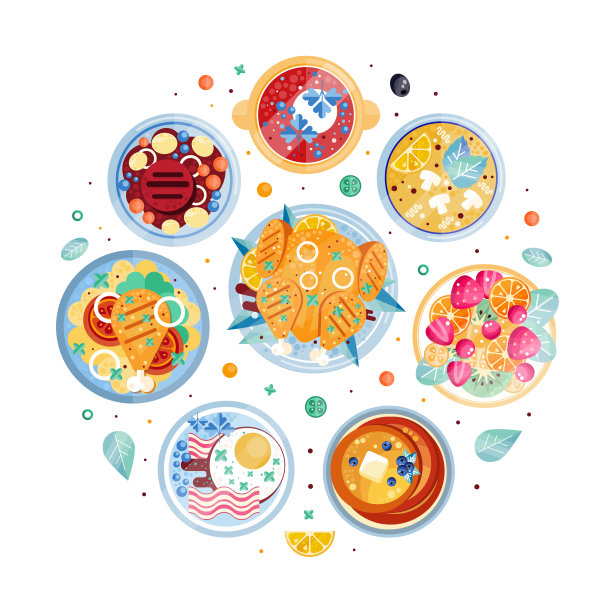 服务的盘子和食物安排在圆矢量模板图片下载