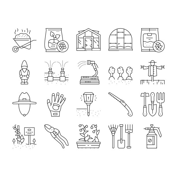 园艺设备收集图标集向量。图片下载