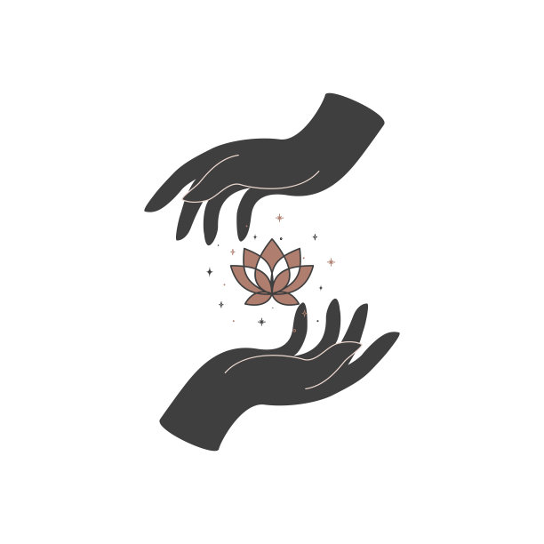 魔术手与莲花在流行的波西米亚风格。黑色和金色的炼金术符号的商标或标志和标志。深奥而神秘的设计元素。天上的矢量图图片下载