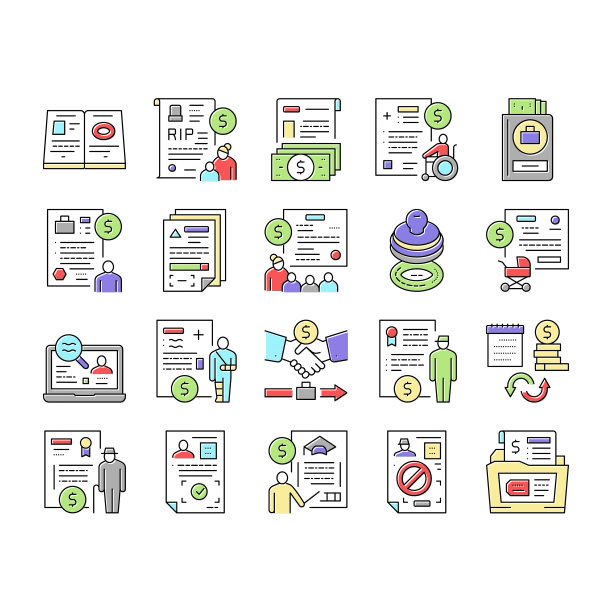 津贴财务帮助收集图标集向量。图片下载