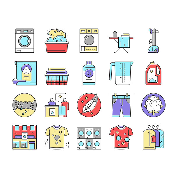 洗衣服务洗衣衣服图标集向量。图片下载