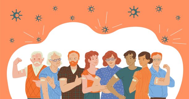 一群接种疫苗的人被病毒包围，平面矢量图。图片下载