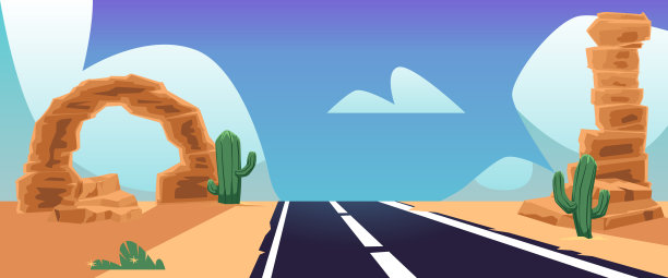 高速公路上空旷的沙质沙漠景观，平面矢量插图。图片下载