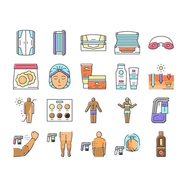 日光浴沙龙晒黑服务图标集向量。图片下载