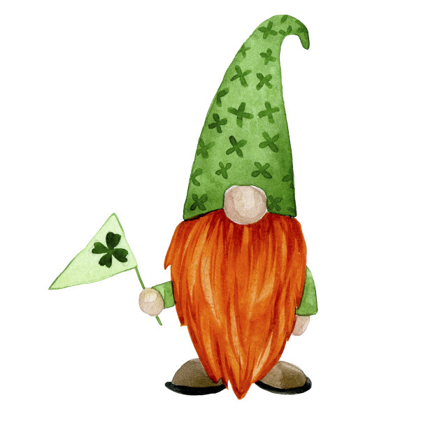 水彩绘画。圣帕特里克节插图。可爱的地精，穿着绿色衣服的小妖精，拿着四叶三叶草。剪纸艺术性格。图片下载