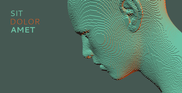 从立方体构造抽象数字人头。极简设计的商业演示，传单或海报。技术和机器人概念。体素的艺术。3 d矢量插图。图片下载