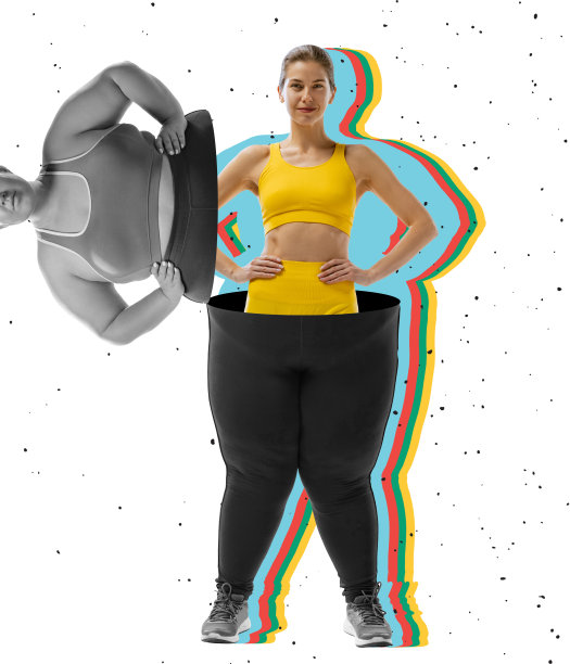 创造性的艺术拼贴画，年轻苗条的女孩从被孤立在白色背景上的胖女人身上突显出来。减肥的概念。杂志风格。图片下载