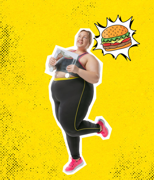 当代艺术拼贴。穿着运动服的胖女人，黄色霓虹灯背景下的垃圾食品。减肥的概念。图片下载