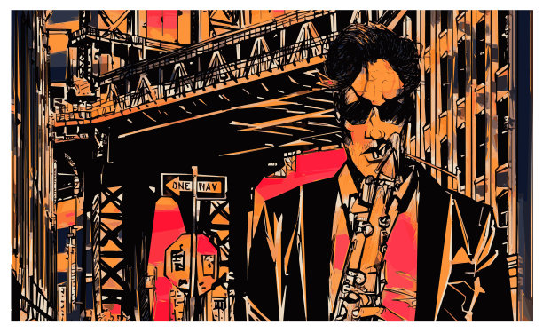 布鲁克林曼哈顿大桥附近的萨克斯管吹奏者图片下载