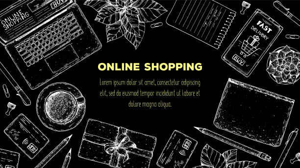 网上购物。手绘矢量插图。电子商务复古设计模板。用笔记本电脑、信用卡、智能手机、笔、笔记本手绘草图。顶视图表。图片下载