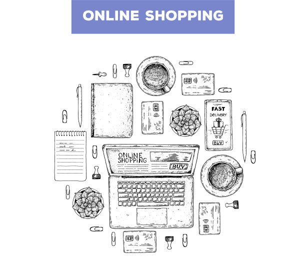 网上购物的概念。手绘矢量插图。电子商务复古设计模板。用笔记本电脑、信用卡、智能手机、笔、笔记本手绘草图。前视图。图片下载