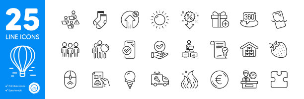 轮廓图标集。添加礼物，向上滑动和欧元货币图标。用于网站应用。矢量图片下载