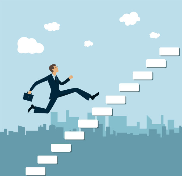 一个商人登上了成功的阶梯。它高耸于背景中的城市之上。图片下载