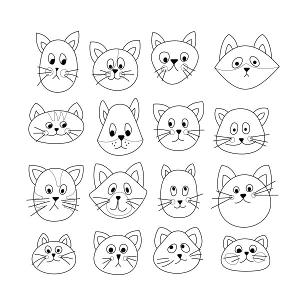 一组16只美丽的猫，在一个白色的背景。可爱的猫。对儿童着色。所有对象都是分离的。矢量插图。手绘。矢量插图。图片下载