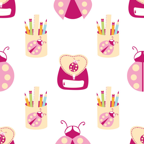 瓢虫回校矢量无缝模式背景。有趣的粉色卡通瓢虫，白色背景上的书包，笔筒。手绘图案。几何重复为学校的概念图片下载