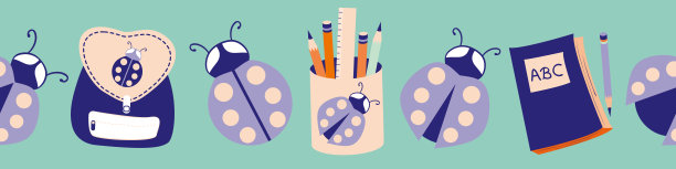 瓢虫回到学校矢量无缝边界背景。有趣的卡通瓢虫，书包，铅笔盒，笔记本横幅。为孩子们手绘的蓝色紫色教育主题。有趣的设计缺陷图片下载