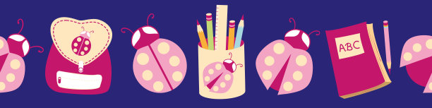 瓢虫回到学校矢量无缝边界背景。有趣的卡通瓢虫，书包，铅笔盒，笔记本横幅。手绘的粉红色紫色靛蓝教育主题的孩子。有趣的设计缺陷图片下载