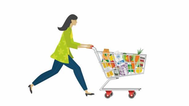 带着装满食物的购物车的女人。矢量插图。图片下载