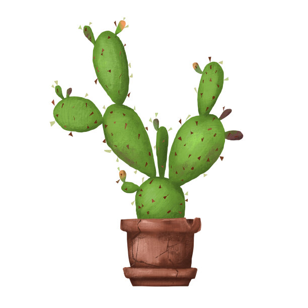 花盆里有绿色成熟的仙人掌，上面绘有多刺的数字图案。植物插图，沙漠，热带水果，仙人掌梨插图，仙人掌艺术，设计，和装饰元素。图片下载