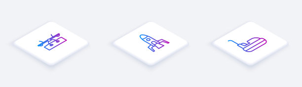 设置等距线跷跷板、火箭船、碰碰车。白色正方形按钮。向量图片下载