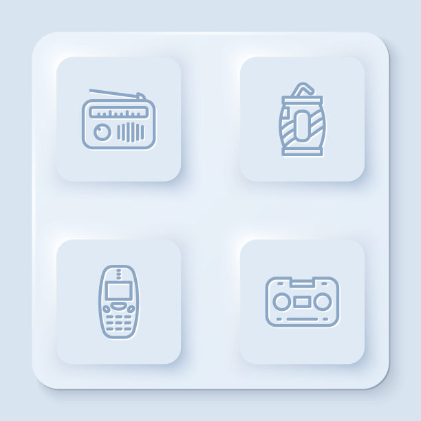 可设置天线线收音机、吸管汽水、旧手机和复古录音带。白色正方形按钮。向量图片下载