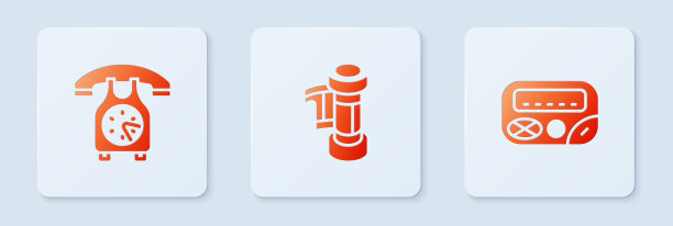 设置相机卷，电话听筒和传呼机。白色正方形按钮。向量图片下载