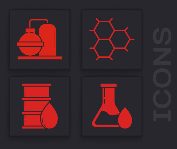 设置有汽油试管、油气工业厂房、由苯环和桶油图标组成的化工配方。向量图片下载