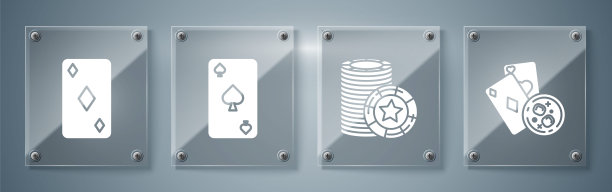 集扑克牌和威士忌加冰块，赌场筹码，有黑桃符号的扑克牌和有钻石符号的扑克牌。方形玻璃面板。向量图片下载