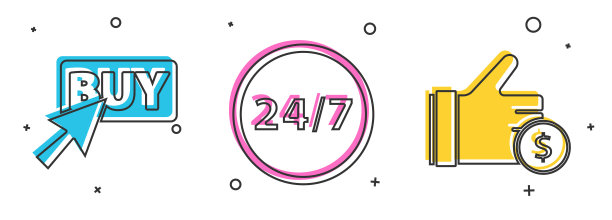 设置购买按钮，时钟24小时和手握硬币图标。向量图片下载