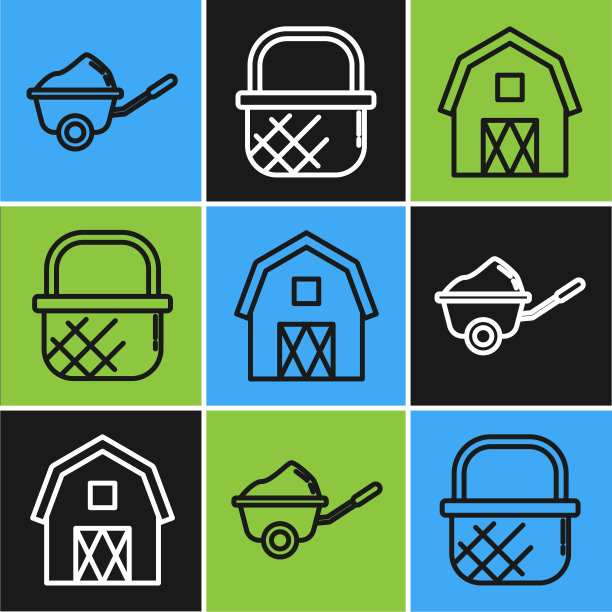 Set line Wheelbarrow with dirt, Farm House概念和购物篮图标。向量图片下载