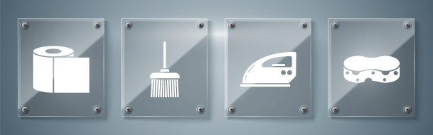 配备海绵，电熨斗，扫把，厕纸卷。方形玻璃面板。向量图片下载