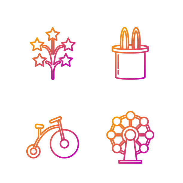 设置线摩天轮，复古自行车与一个大轮和一个小，烟花和魔术师的帽子和兔子耳朵。渐变颜色图标。向量图片下载