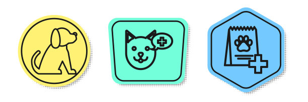 列有“狗”、“兽医诊所”标志和“狗粮袋”字样。颜色的形状。向量图片下载