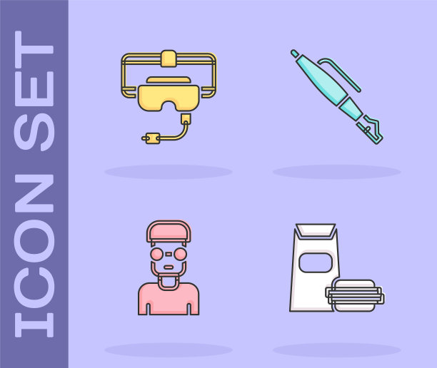 设置汉堡，虚拟现实眼镜，书呆子极客和钢笔笔尖图标。向量图片下载