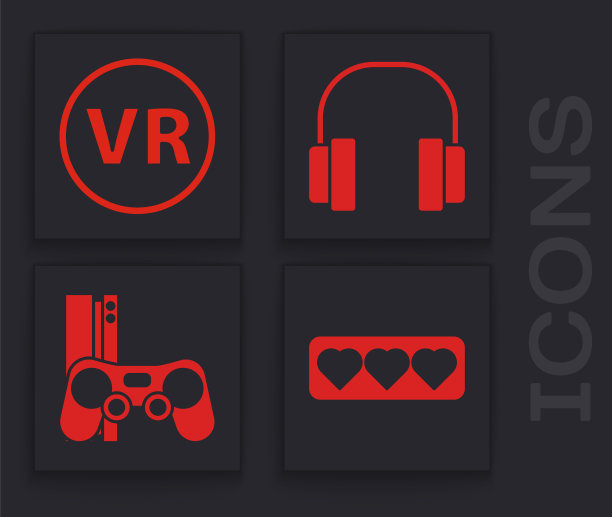 设置喜欢和心，虚拟现实眼镜，耳机和游戏控制台与操纵杆图标。向量图片下载