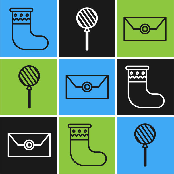 设置线圣诞袜，信封与圣诞派对邀请卡和棒棒糖图标。向量图片下载