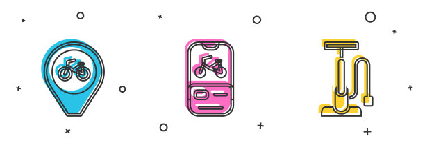 设置位置与自行车，自行车租赁移动应用程序和气泵图标。向量图片下载