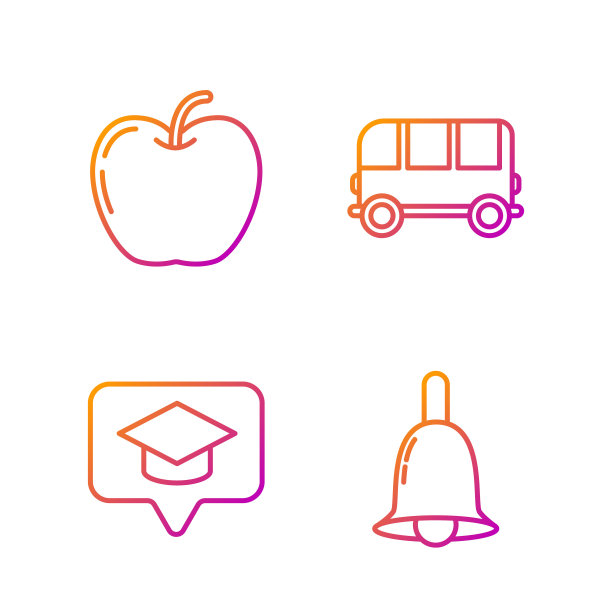 设置铃声，毕业帽，苹果和校车。渐变颜色图标。向量图片下载